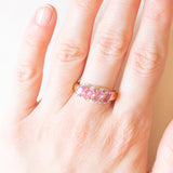Veretta vintage in oro giallo e bianco 14K con zaffiri rosa sintetici (1.40ctw ca.) e diamanti (0.03ctw ca.), anni ‘70/‘80