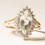 Anello a margherita vintage in oro giallo e bianco 9K con quarzo verde e diamanti, anni ‘70/‘80