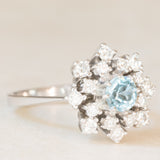 Anello a fiocco di neve vintage in oro bianco 14K con acquamarina (0.50ct ca.) e diamanti (0.70ctw ca.), anni ‘70