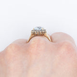 Anello a margherita vintage in oro giallo 9K con acquamarina (2ct ca.) e diamanti (0.18ctw ca.), anni 2000