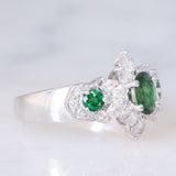 Anello a fiore vintage in platino con tsavoriti (0.80ctw) e diamanti (0.85ctw), anni ‘90/anni ‘2000