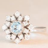 Anello a fiocco di neve vintage in oro bianco 14K con acquamarina (0.50ct ca.) e diamanti (0.70ctw ca.), anni ‘70