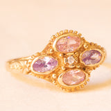 Anello vintage in oro giallo 9K con zirconi cubici rosa e viola e con zircone cubico bianco, anni ‘60/‘70