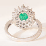 Anello ballerina in oro bianco 18K con smeraldo (0.70ct ca.) e diamanti di taglio brillante e di taglio baguette (0.82ctw ca.), anni ‘60/‘70