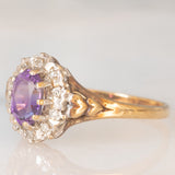 Anello a margherita vintage in oro giallo 9K con ametista (0.70ct ca.) e diamanti (0.05ctw ca.), anni ‘80