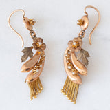 Orecchini borbonici in oro giallo 14K con decorazioni floreali e con perline bianche, seconda metà dell’800