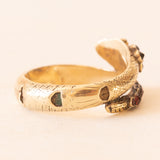 Anello a serpente antico in oro giallo 14K con granati e perlina bianca, primi del ‘900