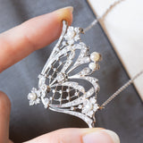 Collier Art Nouveau in oro bianco 18K con perline bianche e diamanti, anni ‘20