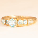 Anello vintage in oro giallo e bianco 9K con paste di vetro azzurre e diamanti, anno 2009