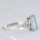 Anello vintage in platino con acquamarina (1.40ct ca.) e diamanti (0.18ctw ca.), anni ‘70