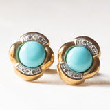 Orecchini vintage in oro giallo e bianco 8K con paste di turchese e diamanti, anni ‘70