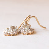 Orecchini a margherita pendenti vintage in oro giallo e bianco 9K con quarzo verde e diamanti, anni ‘70/‘80