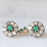 Orecchini antichi in oro giallo 18K e argento con smeraldi (0.30ctw ca.) e diamanti di taglio vecchia miniera (3ctw ca.), primi del ‘900