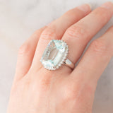Anello a margherita vintage in platino con acquamarina (17.93ct) e diamanti (1ctw), anni ‘70/‘80