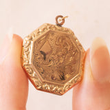 Ciondolo portafoto ottagonale vintage con lamina in oro giallo 9K su metallo, anni ‘40/‘50