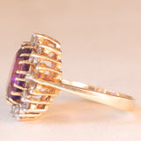 Anello a margherita vintage in oro giallo 10K con ametista (4ct ca.) e diamanti di taglio brillante (0.60ctw ca.), anni ‘60/‘70
