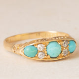 Anello antico edoardiano in oro giallo 18K con turchesi e diamanti di taglio vecchia miniera(0.12ctw ca.), anno 1907