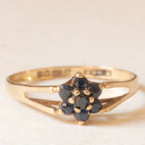 Anello a fiore vintage in oro giallo 9K con zaffiri (0.14ctw ca.), anno 1985