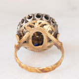Anello a margherita vintage in stile antico in oro giallo 18K e argento con zaffiri (1ctw ca.) e diamanti di taglio rosetta (0.12ctw ca.), anni ‘60/‘70