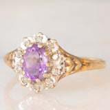 Anello a margherita vintage in oro giallo 9K con ametista (0.70ct ca.) e diamanti (0.05ctw ca.), anni ‘80
