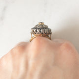Anello a margherita vintage in stile antico in oro giallo 18K e argento con zaffiri (1ctw ca.) e diamanti di taglio rosetta (0.12ctw ca.), anni ‘60/‘70