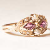 Anello vintage in oro giallo 14K con ametiste e perline bianche, anni ‘50