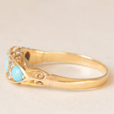 Anello antico edoardiano in oro giallo 18K con turchesi e diamanti di taglio vecchia miniera(0.12ctw ca.), anno 1907