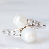 Anello contrarier vintage in oro bianco 18K con perle bianche e diamanti di taglio rosetta (0.36ctw ca.), anni ‘50/‘60