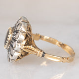 Anello a margherita vintage in stile antico in oro giallo 18K e argento con zaffiro (1ct ca.) e diamanti di taglio rosetta (0.36ctw ca.), anni ‘60/‘70