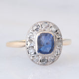 Anello a margherita antico in oro giallo 18K e argento con zaffiro e diamanti di taglio rosetta, anni ‘10/‘20