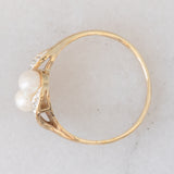 Toi et Moi vintage in oro giallo 9K con perle bianche e diamanti (0.06ctw ca.), anno 1990