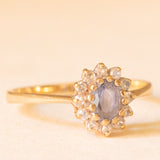 Anello a margherita vintage in oro giallo 9K con zaffiro (0.40ct ca.) e diamanti (0.06ctw ca.), anno 1993