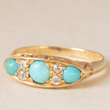 Anello antico edoardiano in oro giallo 18K con turchesi e diamanti di taglio vecchia miniera(0.12ctw ca.), anno 1907