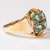 Anello vintage in oro giallo 14K con spinelli verdi sintetici (1.60ctw ca.), anni ‘60/‘70