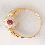 Anello doppio girevole in oro giallo 14K con rubino (0.20ct ca.)/smeraldo (0.14ct ca.) e diamanti, anni ‘80