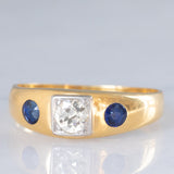 Trilogy gypsy vintage in oro giallo 18K con diamante (0.35ct ca.) e zaffiri (0.36ctw ca.), anni ‘50/‘60