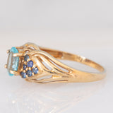 Anello vintage in oro giallo 9K con apatite (0.80ctw ca.) e zaffiri (0.37ctw ca.), anni ‘80/‘90