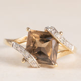 Anello da cocktail vintage in oro giallo 9K con quarzo fumé (2ct ca.) e diamanti (0.05ctw ca.), anni ‘70