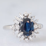 Anello a margherita vintage in platino con zaffiro (1.27ct) e diamanti (0.43ctw), anni ‘80