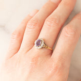 Anello a margherita vintage in oro giallo 9K con ametista (0.70ct ca.) e diamanti (0.05ctw ca.), anni ‘80