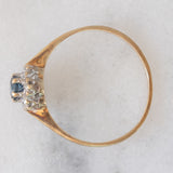 Anello a margherita vintage in oro giallo 9K con zaffiro (0.20ct ca.) e diamanti (0.03ctw ca.), anno 1985