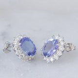 Orecchini a margherita vintage in platino con tanzaniti (4.45ctw) e diamanti (1.26ctw), anni ‘80/‘90
