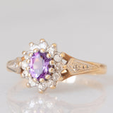 Anello a margherita vintage in oro giallo e bianco 9K con ametista (0.25ct ca.) e diamanti (0.14ctw ca.), anno 1991