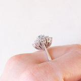 Anello a fiocco di neve vintage in oro bianco 14K con acquamarina (0.50ct ca.) e diamanti (0.70ctw ca.), anni ‘70
