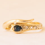 Anello vintage a forma di serpente in oro giallo 18K con zaffiro (0.20ct ca.) e diamanti, anni ‘60/‘70