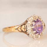 Anello a margherita vintage in oro giallo 9K con ametista (0.70ct ca.) e diamanti (0.05ctw ca.), anni ‘80