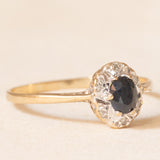 Anello a margherita vintage in oro giallo 9K con zaffiro (0.40ct ca.) e diamanti (0.06ctw ca.), anno 1987