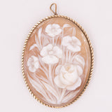 Spilla/ciondolo vintage in oro giallo 18K con cammeo rappresentante gruppo di fiori e di piante, anni ‘50/‘60