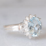 Anello a margherita vintage in platino con acquamarina (1ct) e diamanti, anni ‘70