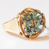 Anello vintage in oro giallo 14K con spinelli verdi sintetici (1.60ctw ca.), anni ‘60/‘70